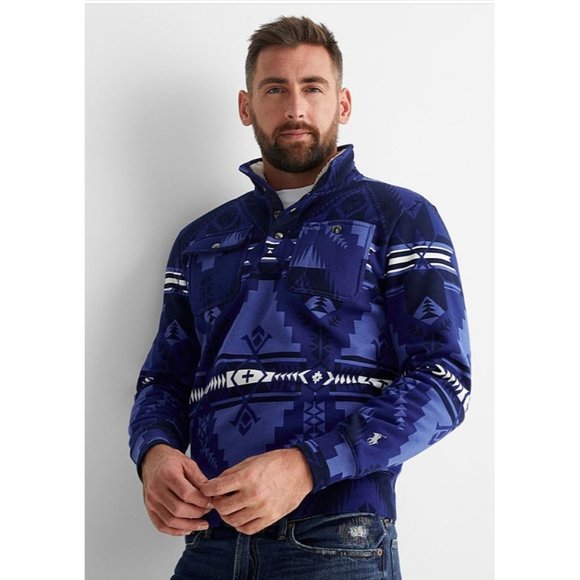 POLO RALPH LAUREN Snap Collar Sherpa Mock Neck Sweatshirt In Navy Size Small